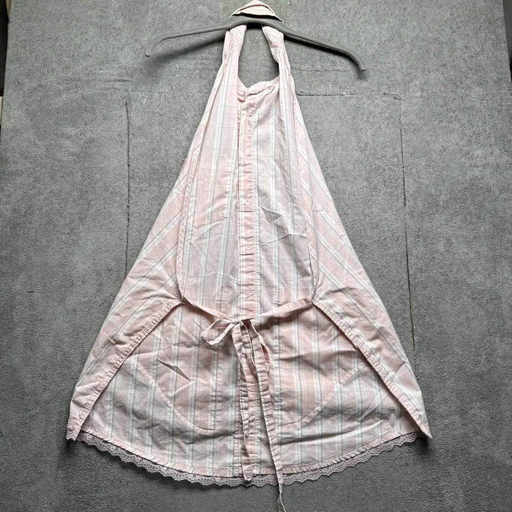 Pink Striped Button Front Halter Apron with Lace Trim‎ Cottagecore Retro Kitchen